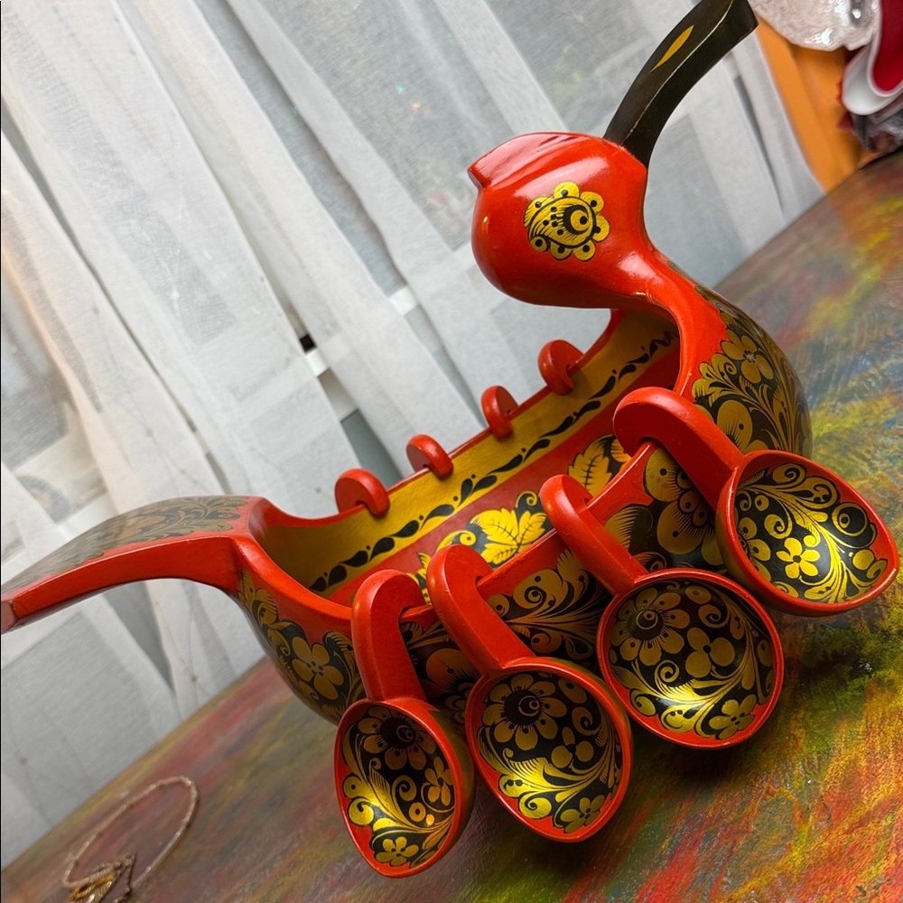 Vintage Khokhloma wood punch bowl w. 8 cups from former Russia U.S.S.R. Handmade